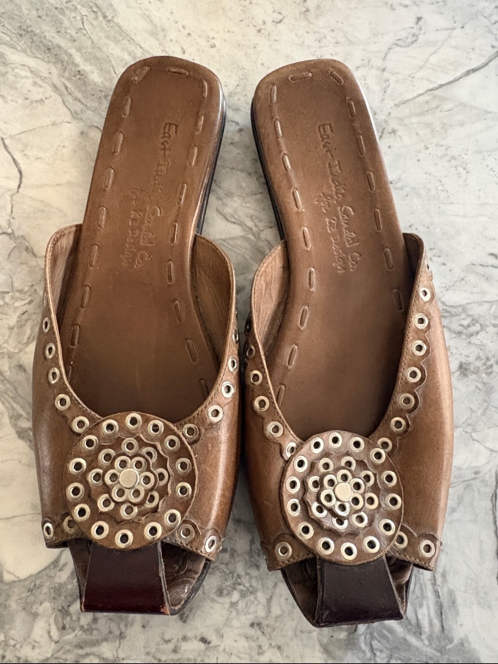 East India Sandal Company, Brown Leather Slides, Eyelet Medallions, Size 9